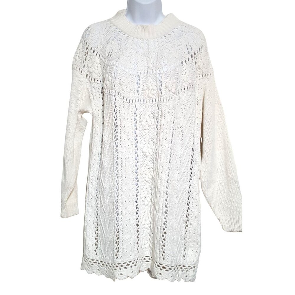 Vintage Womens Sweater S Pull Over Long Sleeve Long Tunic Scallop Popcorn White